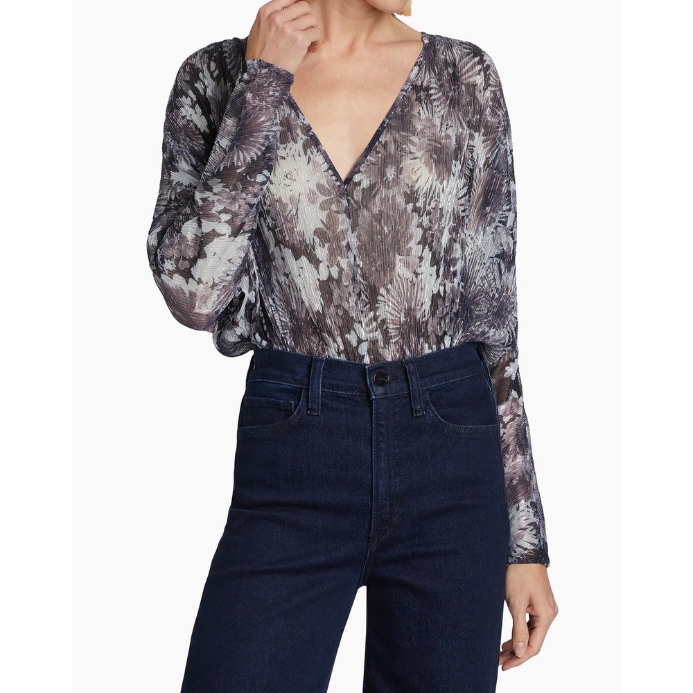 Ramy Brook Margot Bodysuit Navy Floral‎ Metallic Pleated V-Neck Medium